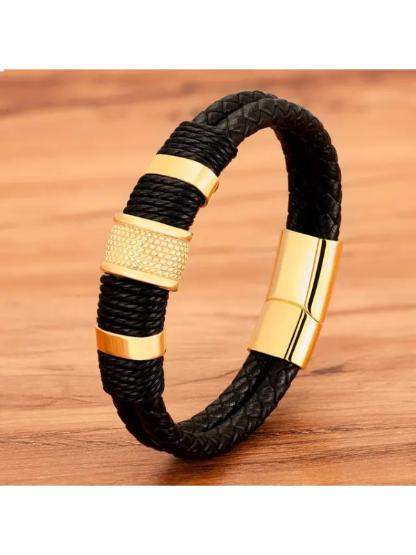 Leren Armband - Gouden Armband - Armband Heren - Armband Dames - Leer - Goud - Zwart